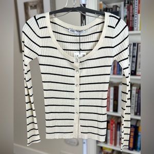 ZARA Striped Fine Cardigan, off white, small